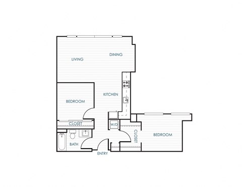 Floor plan for 2 beds, 1 bath, 909 sqft